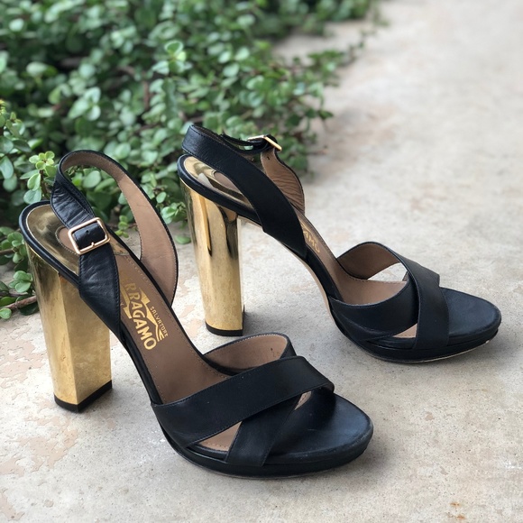 Salvatore Ferragamo Shoes - Salvatore Ferragamo Gold Heel Leather Platforms